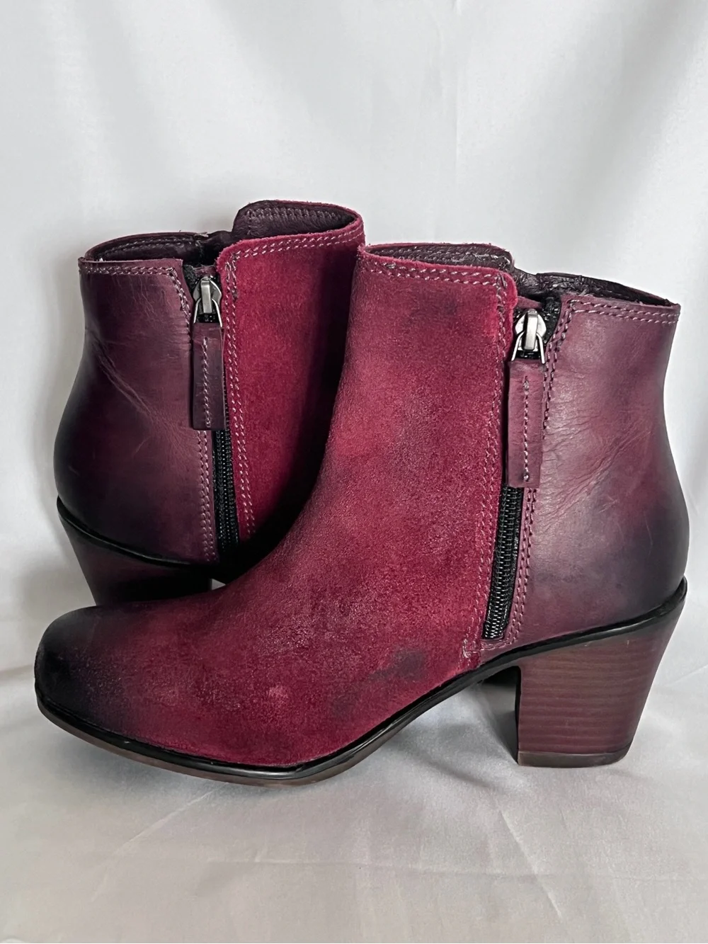 ROAN Lina Burgundy Red Suede Leather Women’s Ankle Boots Booties  Zip Heel